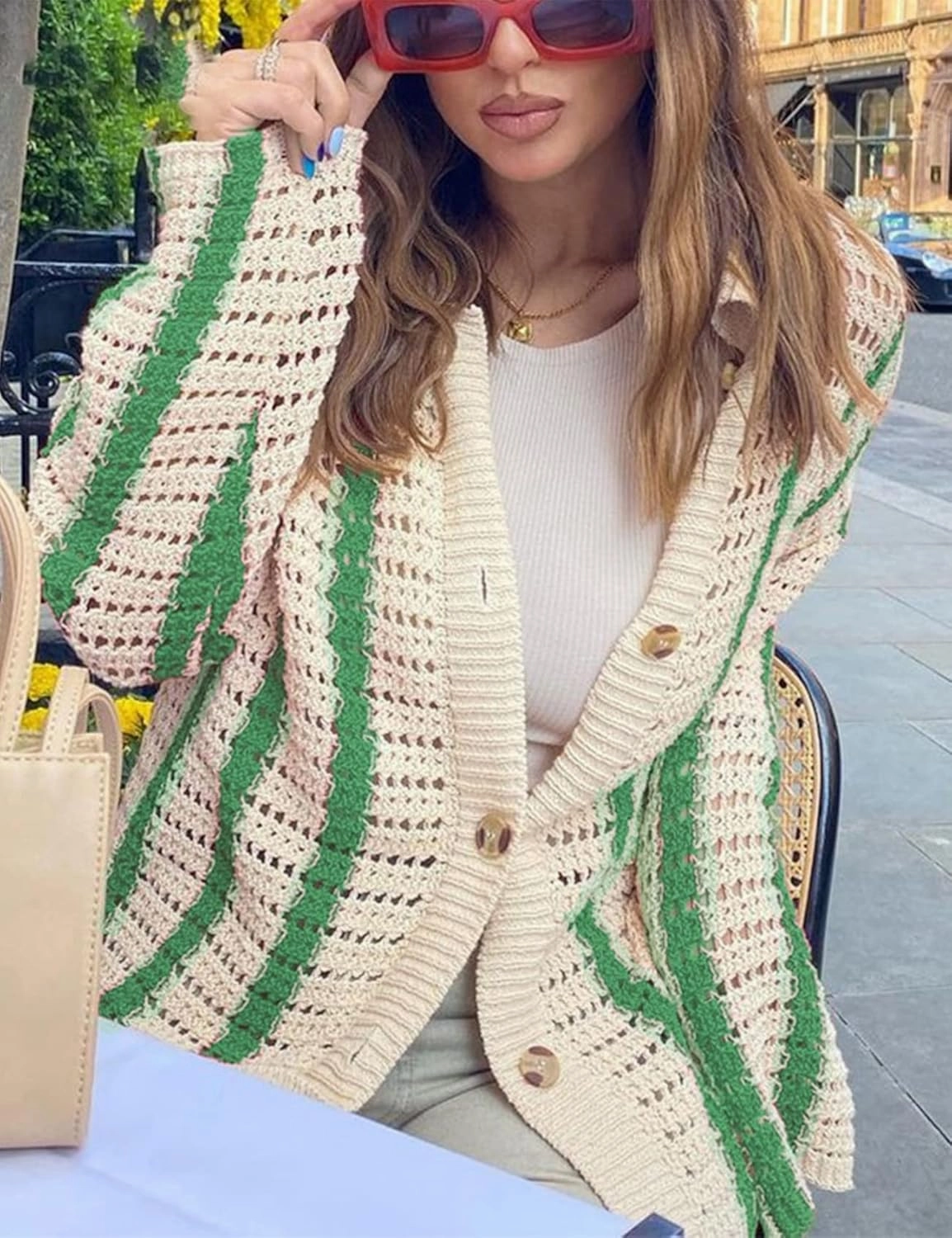 Gihuo Women' s Y2K 2 Piece Knit Outfits Striped Sweater Shorts Set Color Block Long Sleeve Button Up Shirts Shorts