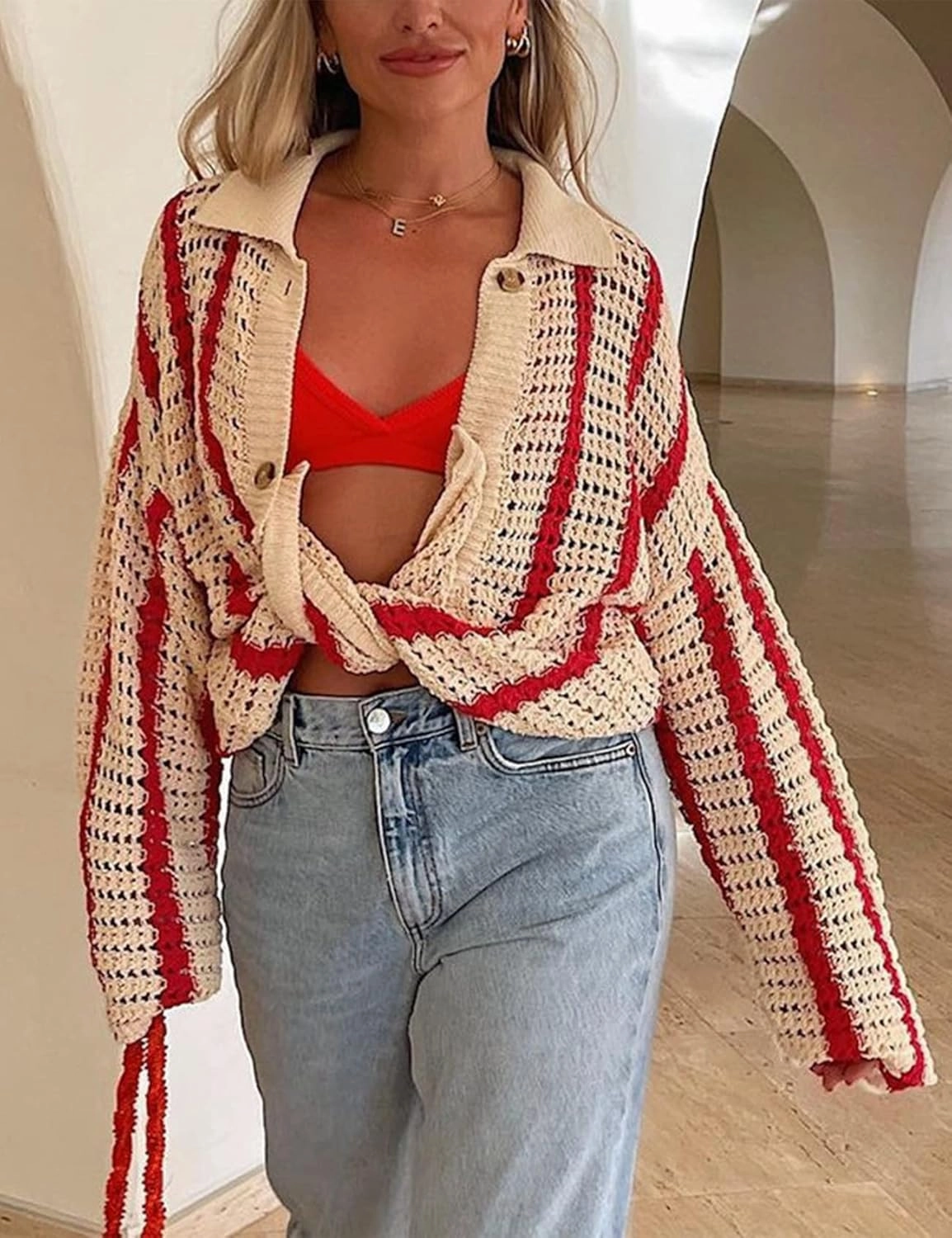 Gihuo Women' s Y2K 2 Piece Knit Outfits Striped Sweater Shorts Set Color Block Long Sleeve Button Up Shirts Shorts