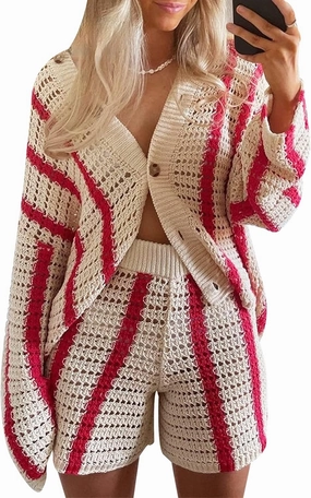 Gihuo Women' s Y2K 2 Piece Knit Outfits Striped Sweater Shorts Set Color Block Long Sleeve Button Up Shirts Shorts