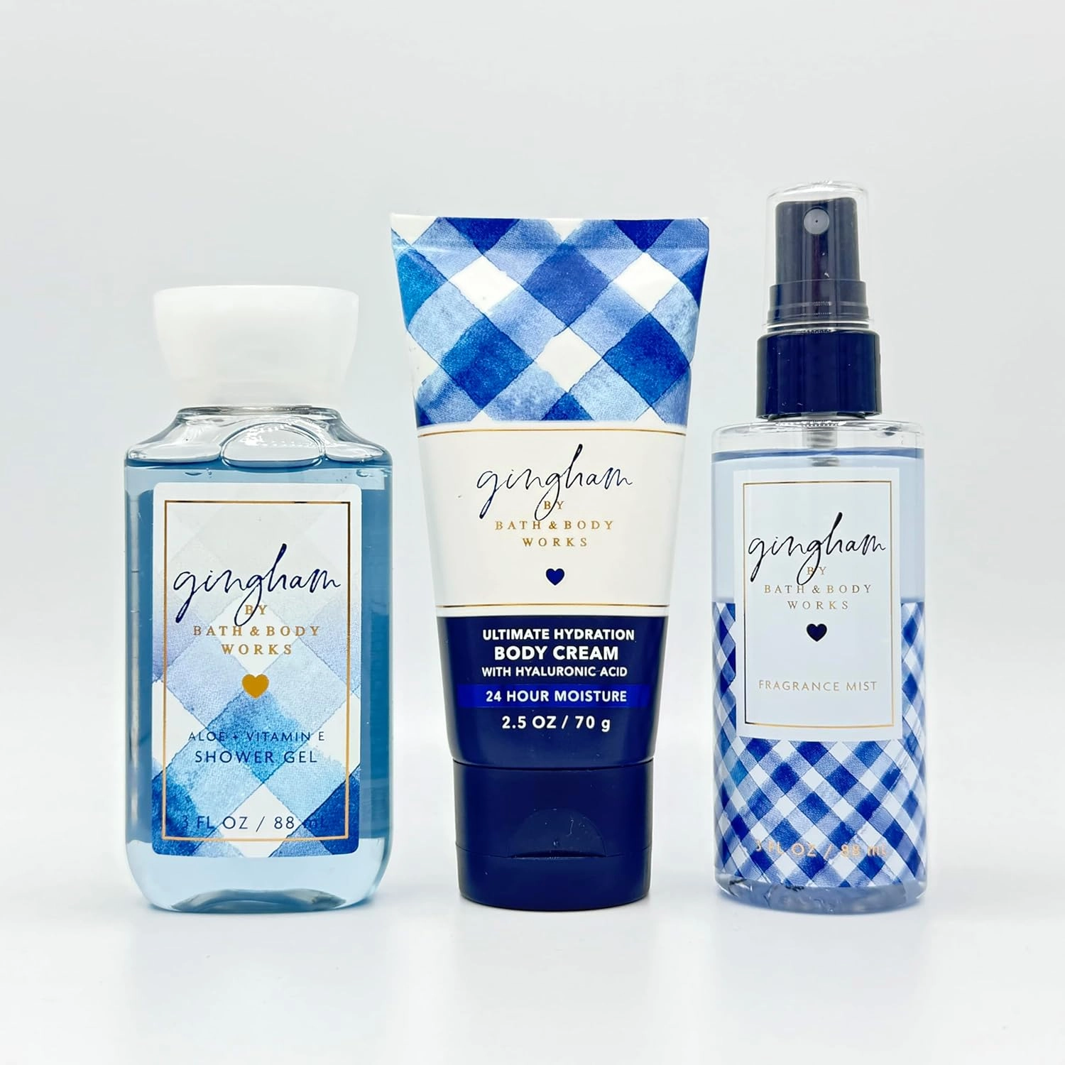 Gingham 3-Piece TRAVEL SIZE Bath Bundle | Shower Gel, Ultimate Hydration Body Cream and Fragrance Mist