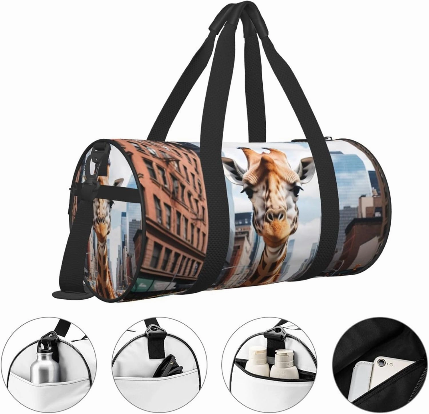 giraffe in new york Printed Travel Bag,Round Personal Item Storage bag,Foldie Duffel Bag for Traveling Vacation,Fitness,Sports