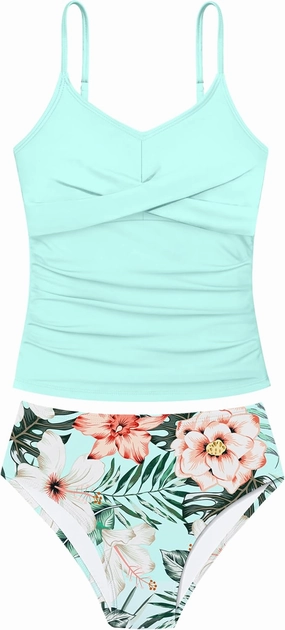 Girls Swimsuit 2 Piece Bathing Suit Criss Cross Ruched Girl Tankini Sets Printed Girls' Swimwear for 9-18 Years