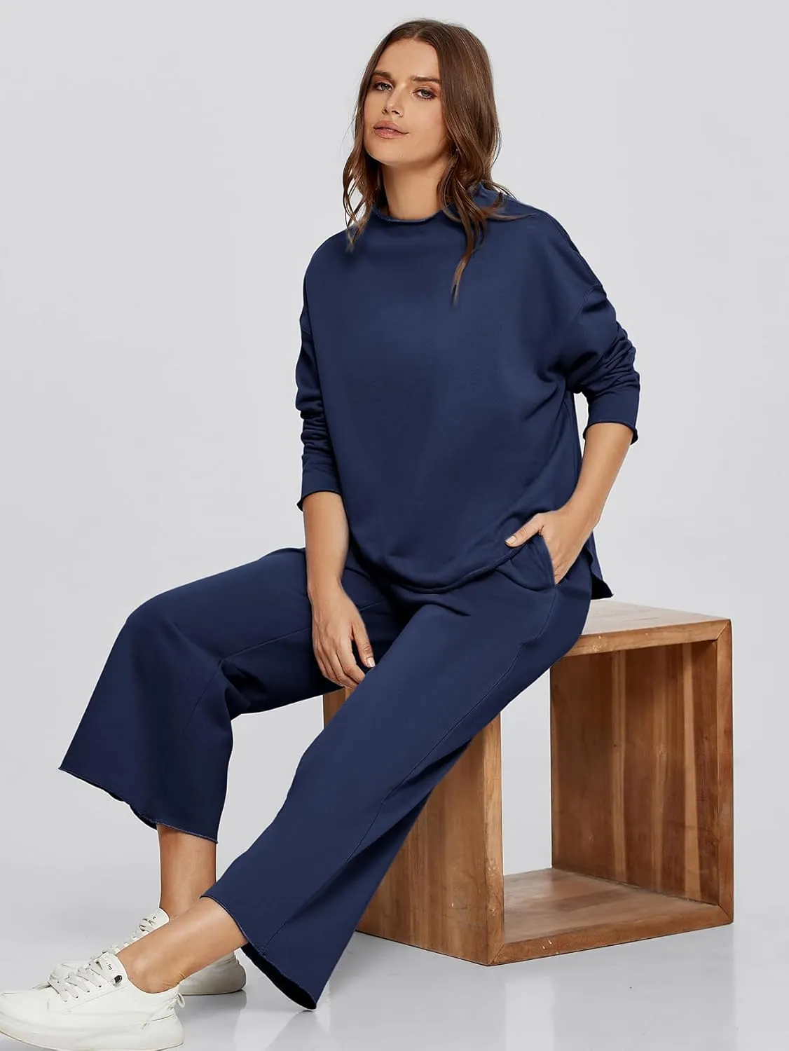 Glamaker Womens 2 Piece Lounge Set Casual Long Sleeve Mock Neck Tops Wide Leg Pant Tracksuit Vacation Travel Outfit 2025