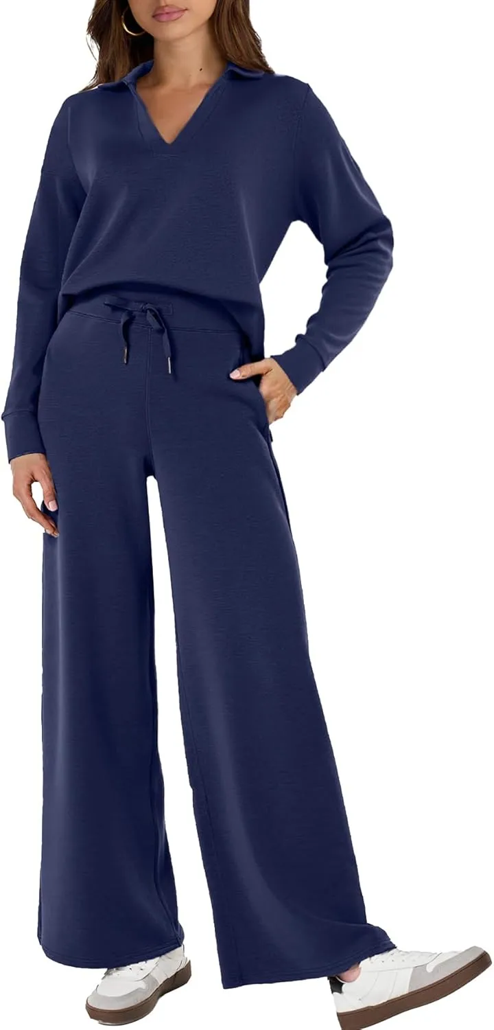 Glamaker Women's 2 Piece Sets Outfits Casual Long Sleeve Sweatsuits Polo Top and Wide Leg Pants Matching Sets