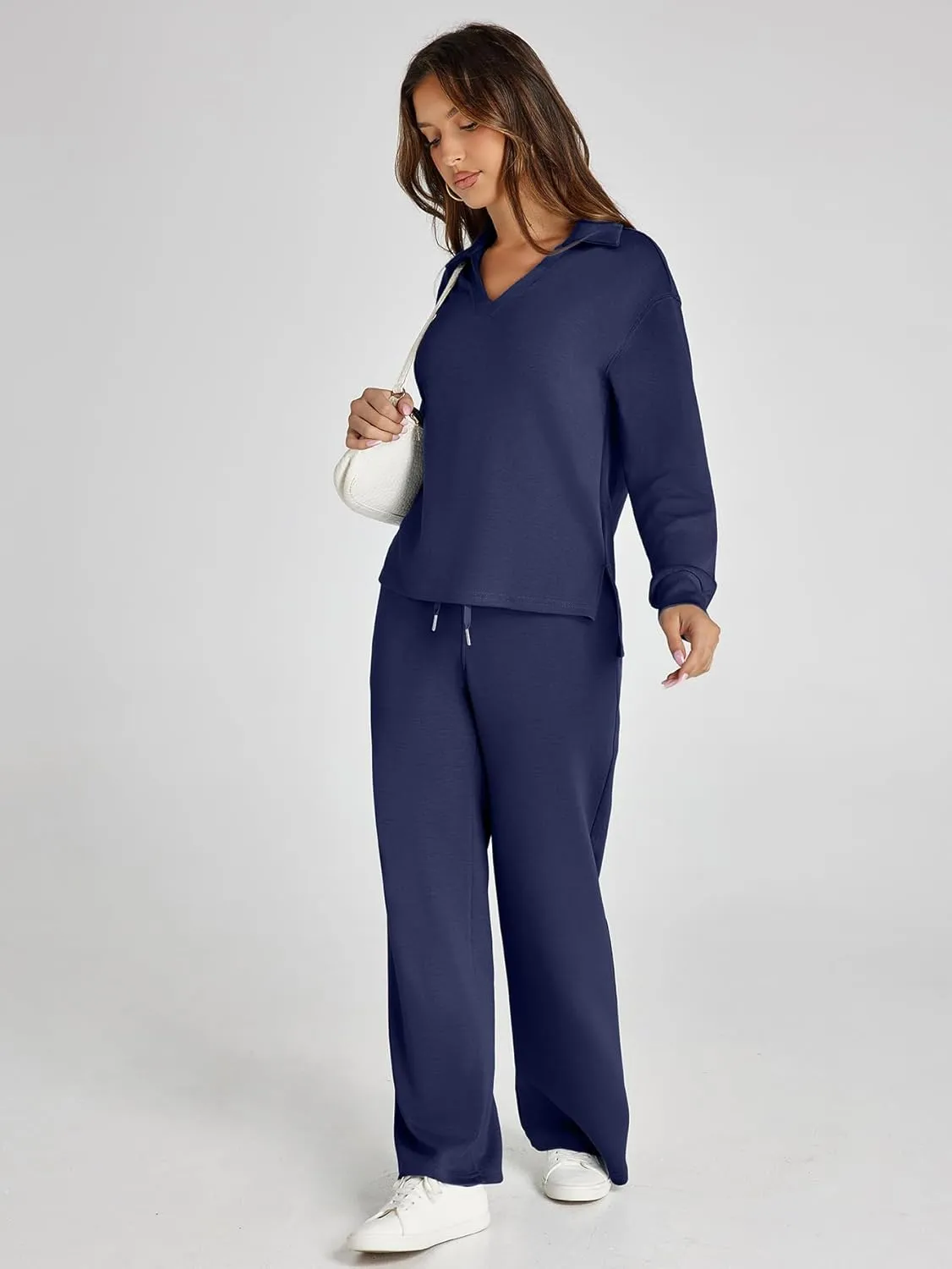 Glamaker Women's 2 Piece Sets Outfits Casual Long Sleeve Sweatsuits Polo Top and Wide Leg Pants Matching Sets