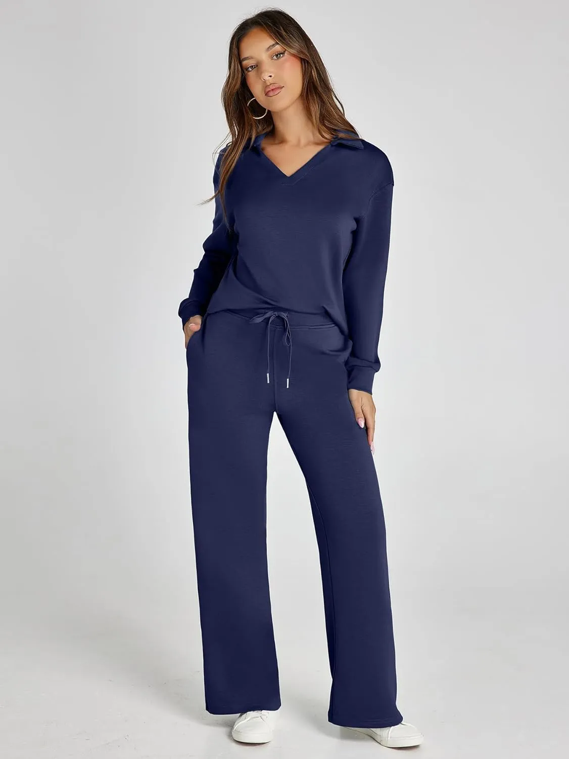 Glamaker Women's 2 Piece Sets Outfits Casual Long Sleeve Sweatsuits Polo Top and Wide Leg Pants Matching Sets