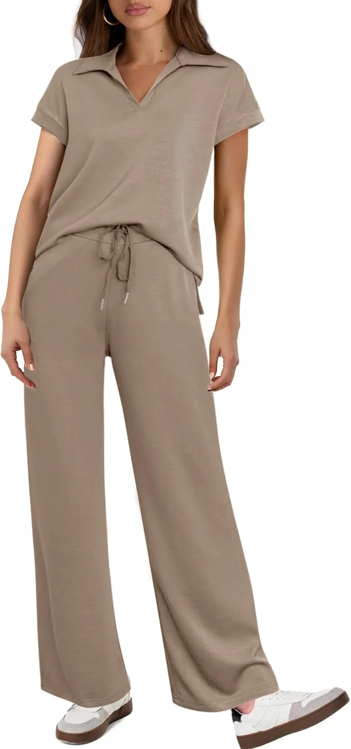 Glamaker Womens 2 Piece Summer Outfit Lounge Set Cap Sleeve Polo Top And Pant Set Tracksuit Travel Matching Outfit 2025