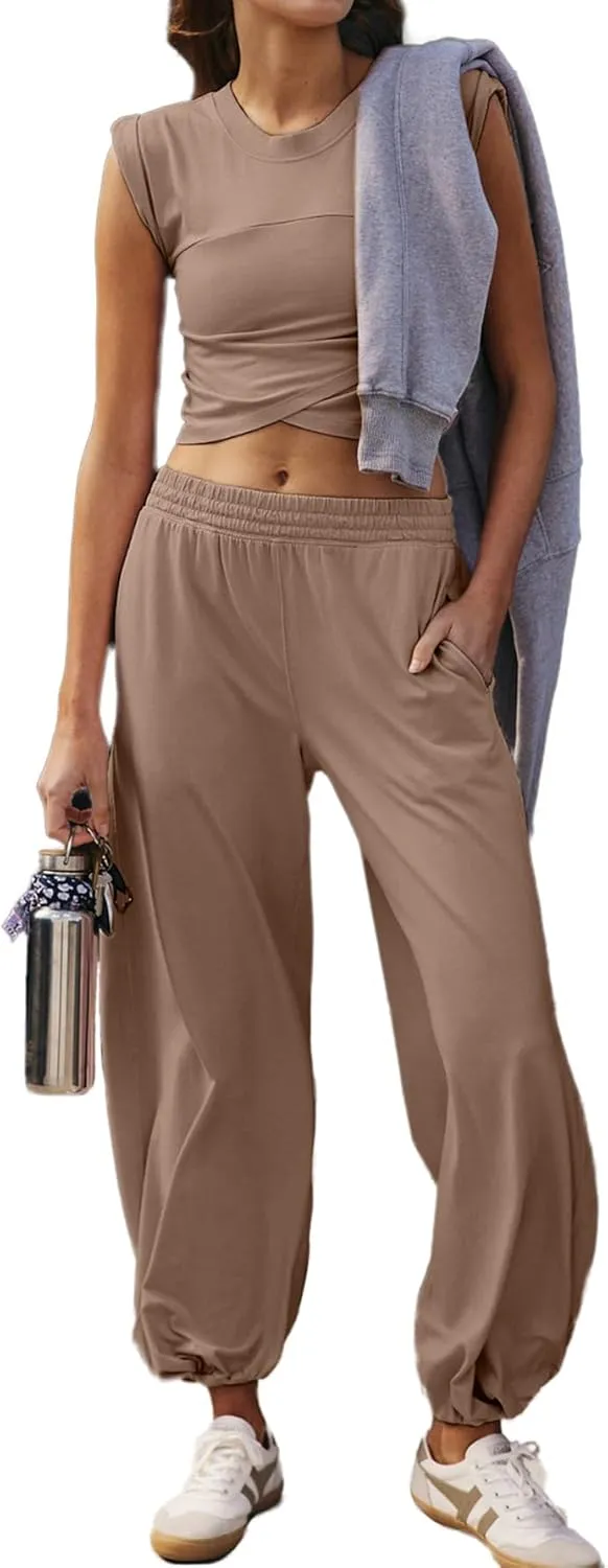 Glamaker Women's Two Piece Athletic Sets Casual Workout Sleeveless Cropped Tops High Sweatpants Joggers Tracksuits