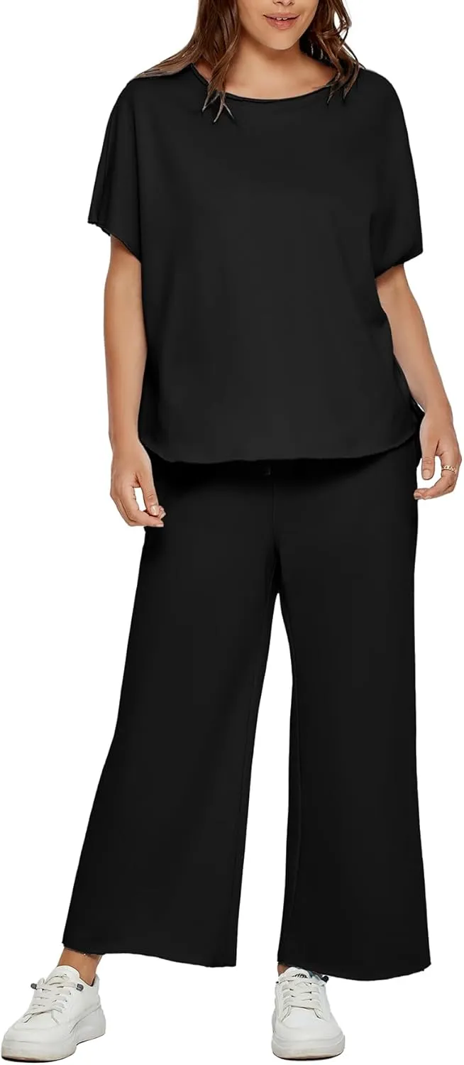 Glamaker Women's Two Piece Travel Lounge Outfits Matching Sets Crew Neck Pullover Tops Wide Leg Pants Airplane Outfits