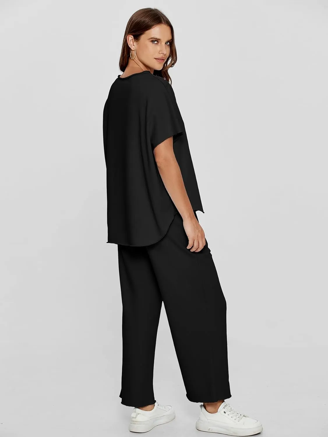 Glamaker Women's Two Piece Travel Lounge Outfits Matching Sets Crew Neck Pullover Tops Wide Leg Pants Airplane Outfits