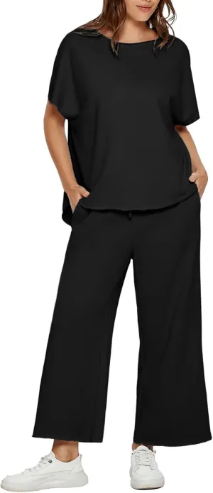 Glamaker Women's Two Piece Travel Lounge Outfits Matching Sets Crew Neck Pullover Tops Wide Leg Pants Airplane Outfits