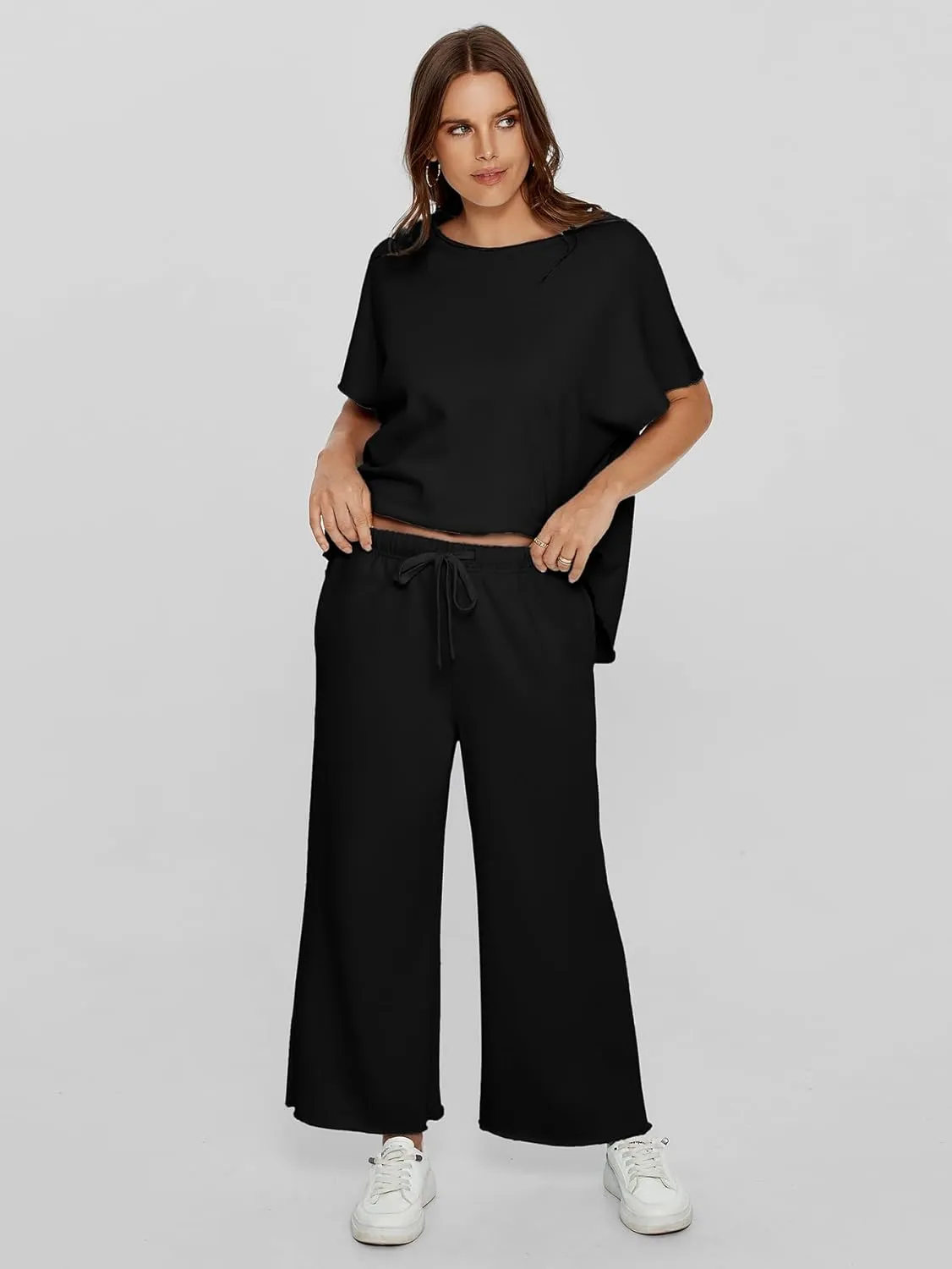 Glamaker Women's Two Piece Travel Lounge Outfits Matching Sets Crew Neck Pullover Tops Wide Leg Pants Airplane Outfits