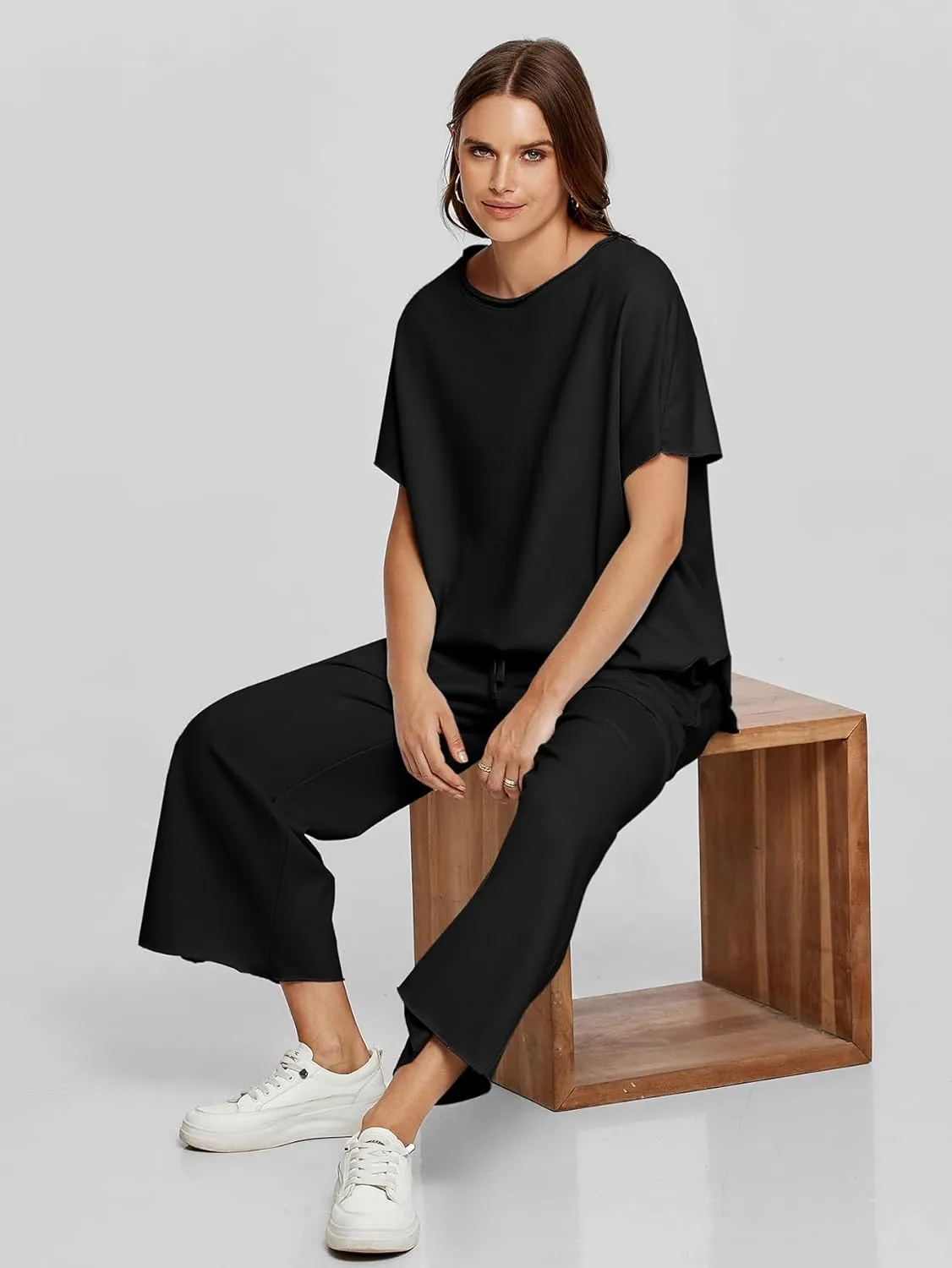 Glamaker Women's Two Piece Travel Lounge Outfits Matching Sets Crew Neck Pullover Tops Wide Leg Pants Airplane Outfits