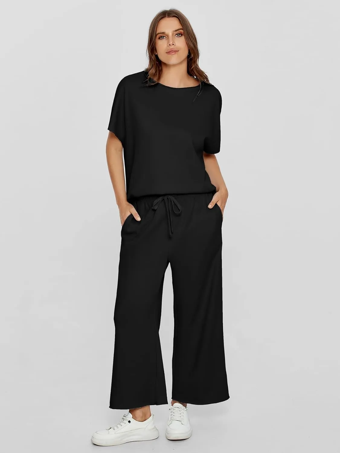 Glamaker Women's Two Piece Travel Lounge Outfits Matching Sets Crew Neck Pullover Tops Wide Leg Pants Airplane Outfits