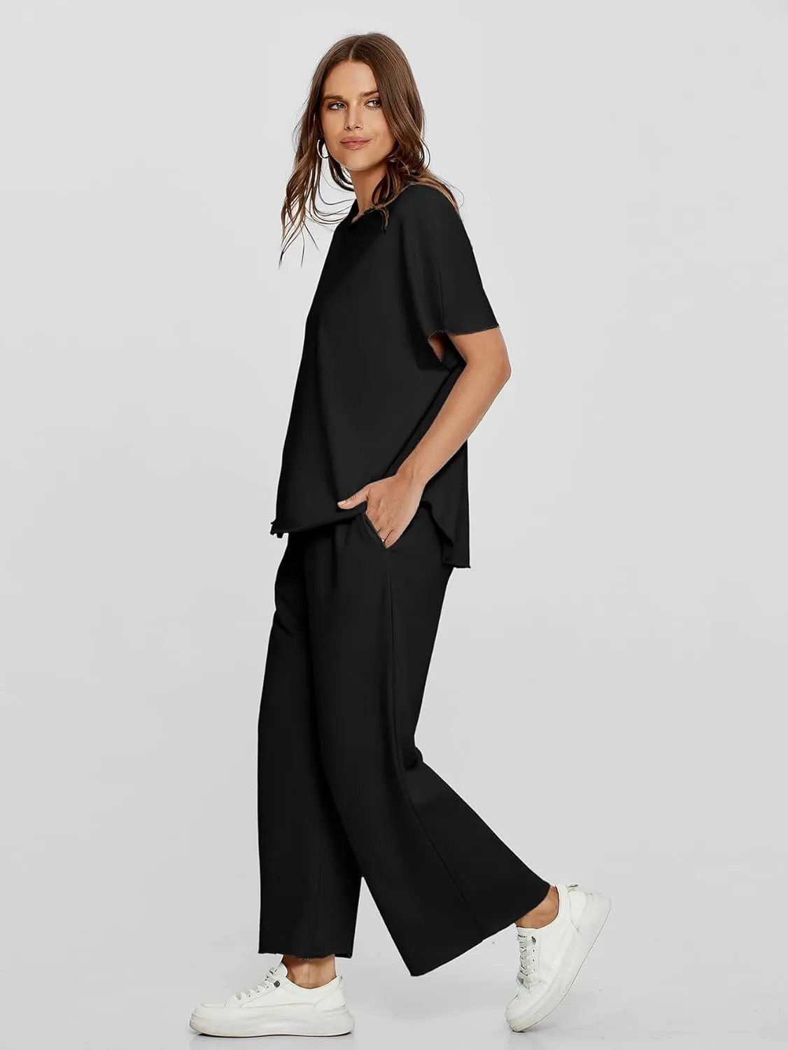Glamaker Women's Two Piece Travel Lounge Outfits Matching Sets Crew Neck Pullover Tops Wide Leg Pants Airplane Outfits