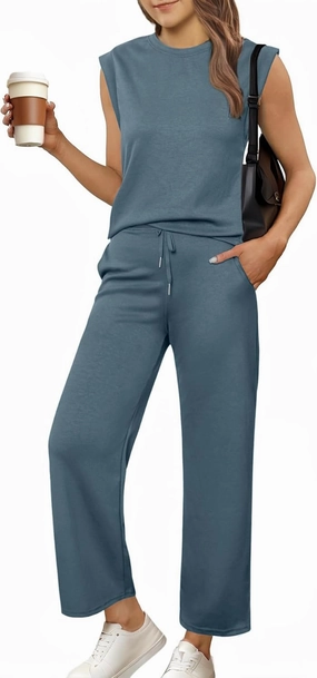Glamaker Women's 2 Piece Sets Summer Lounge Travel Outfits Sleeveless Wide Leg Airport Casual Trendy Sweatsuits