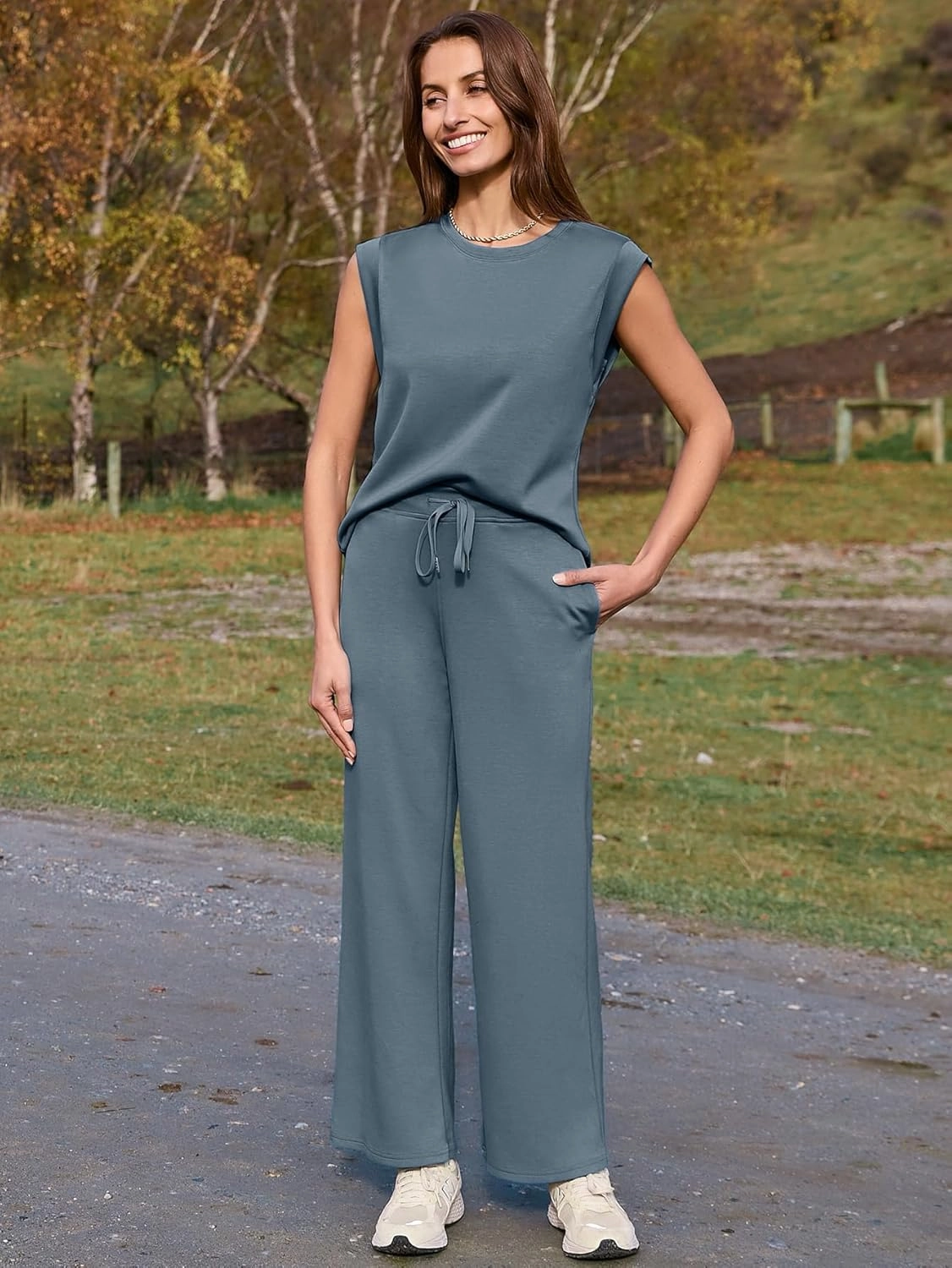 Glamaker Women's 2 Piece Sets Summer Lounge Travel Outfits Sleeveless Wide Leg Airport Casual Trendy Sweatsuits