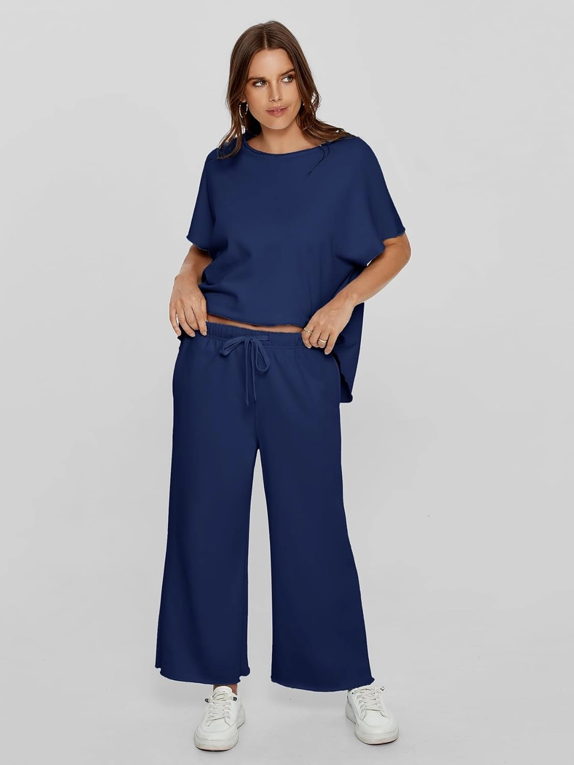 Glamaker Women's Two Piece Travel Lounge Outfits Matching Sets Crew Neck Pullover Tops Wide Leg Pants Airplane Outfits