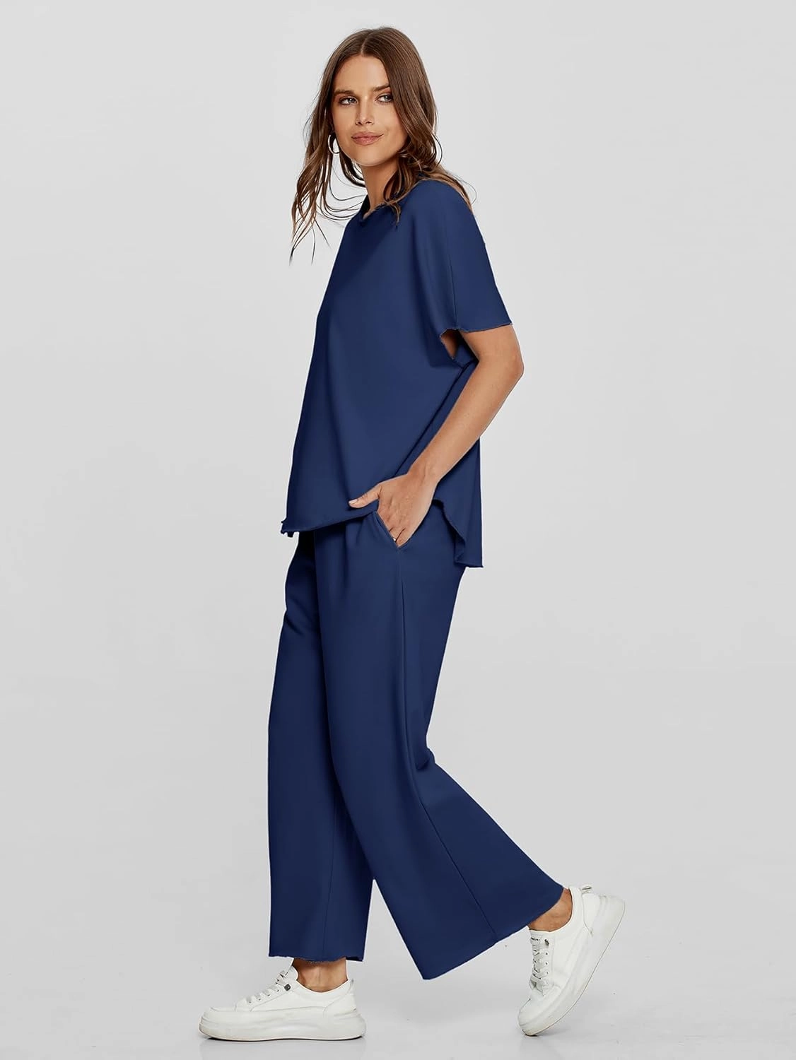Glamaker Women's Two Piece Travel Lounge Outfits Matching Sets Crew Neck Pullover Tops Wide Leg Pants Airplane Outfits