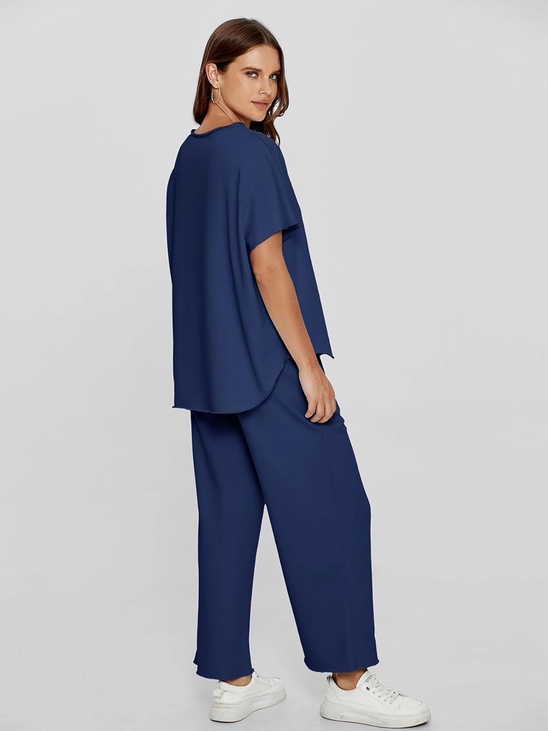Glamaker Women's Two Piece Travel Lounge Outfits Matching Sets Crew Neck Pullover Tops Wide Leg Pants Airplane Outfits