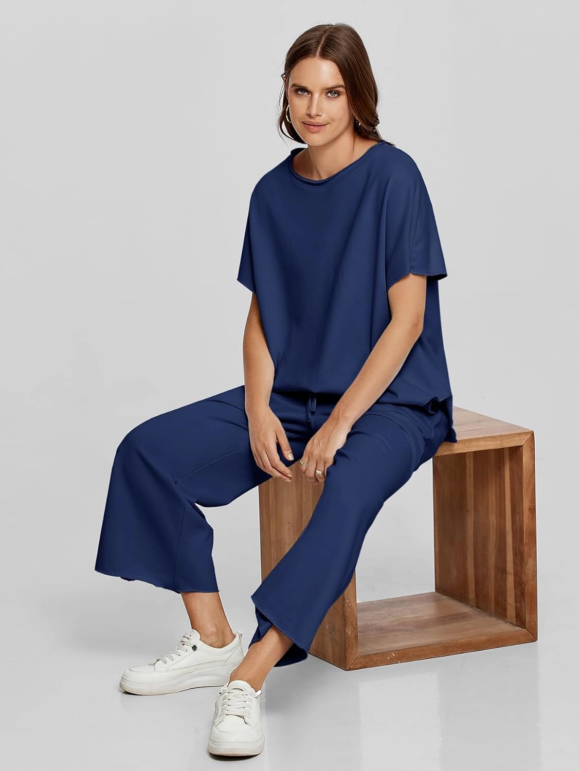 Glamaker Women's Two Piece Travel Lounge Outfits Matching Sets Crew Neck Pullover Tops Wide Leg Pants Airplane Outfits