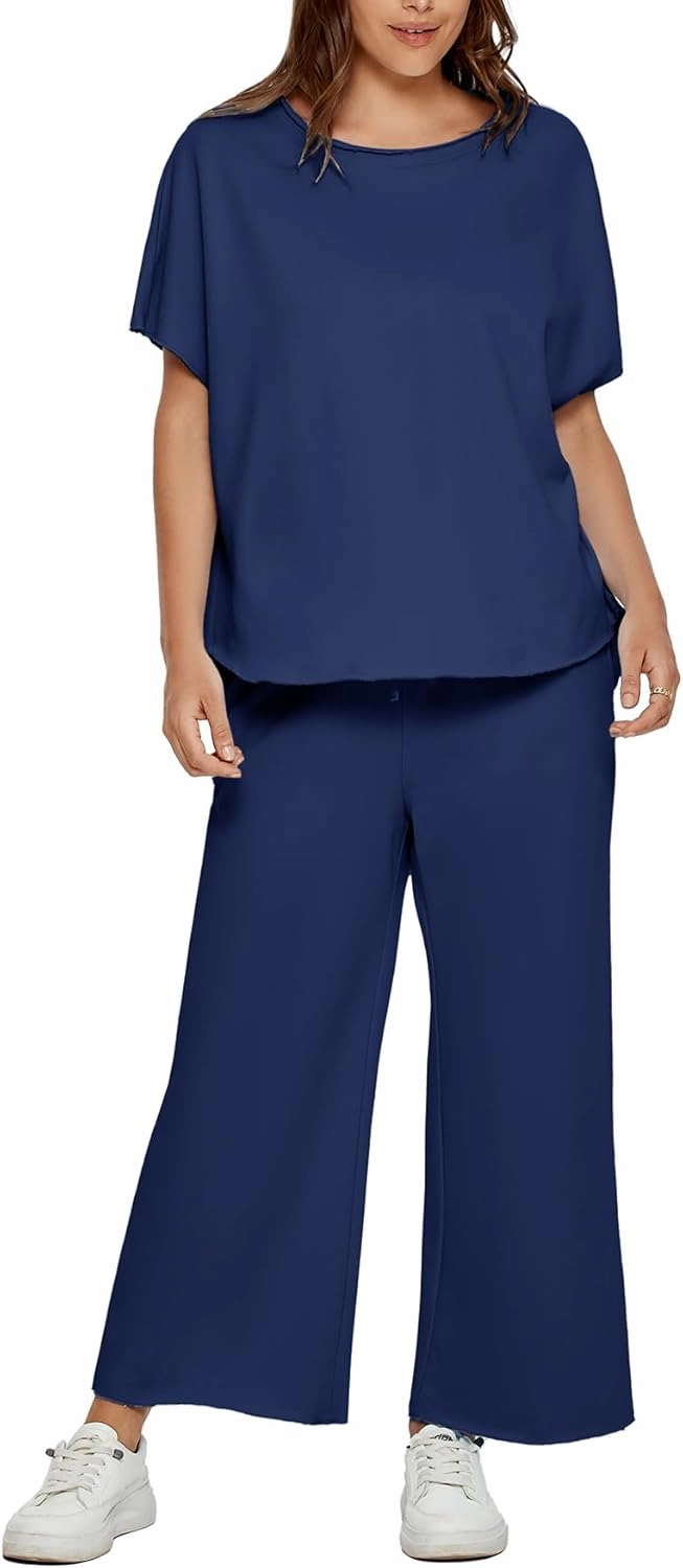 Glamaker Women's Two Piece Travel Lounge Outfits Matching Sets Crew Neck Pullover Tops Wide Leg Pants Airplane Outfits