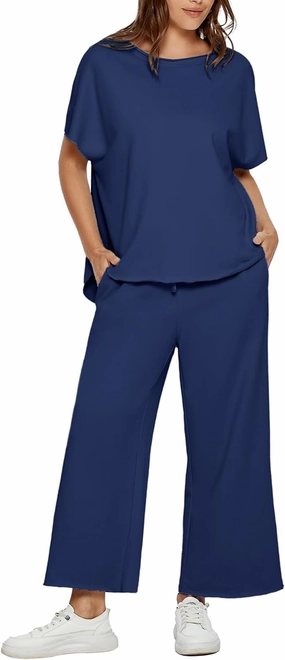 Glamaker Women's Two Piece Travel Lounge Outfits Matching Sets Crew Neck Pullover Tops Wide Leg Pants Airplane Outfits