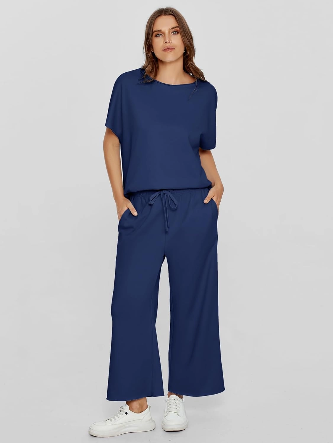 Glamaker Women's Two Piece Travel Lounge Outfits Matching Sets Crew Neck Pullover Tops Wide Leg Pants Airplane Outfits