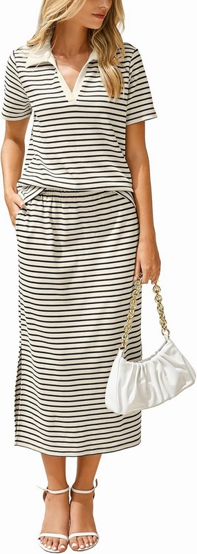 Glamaker Womens 2025 Summer Skirt Sets 2 Piece Outfits Casual Knit Striped Short Sleeve Travel Sets Clothes