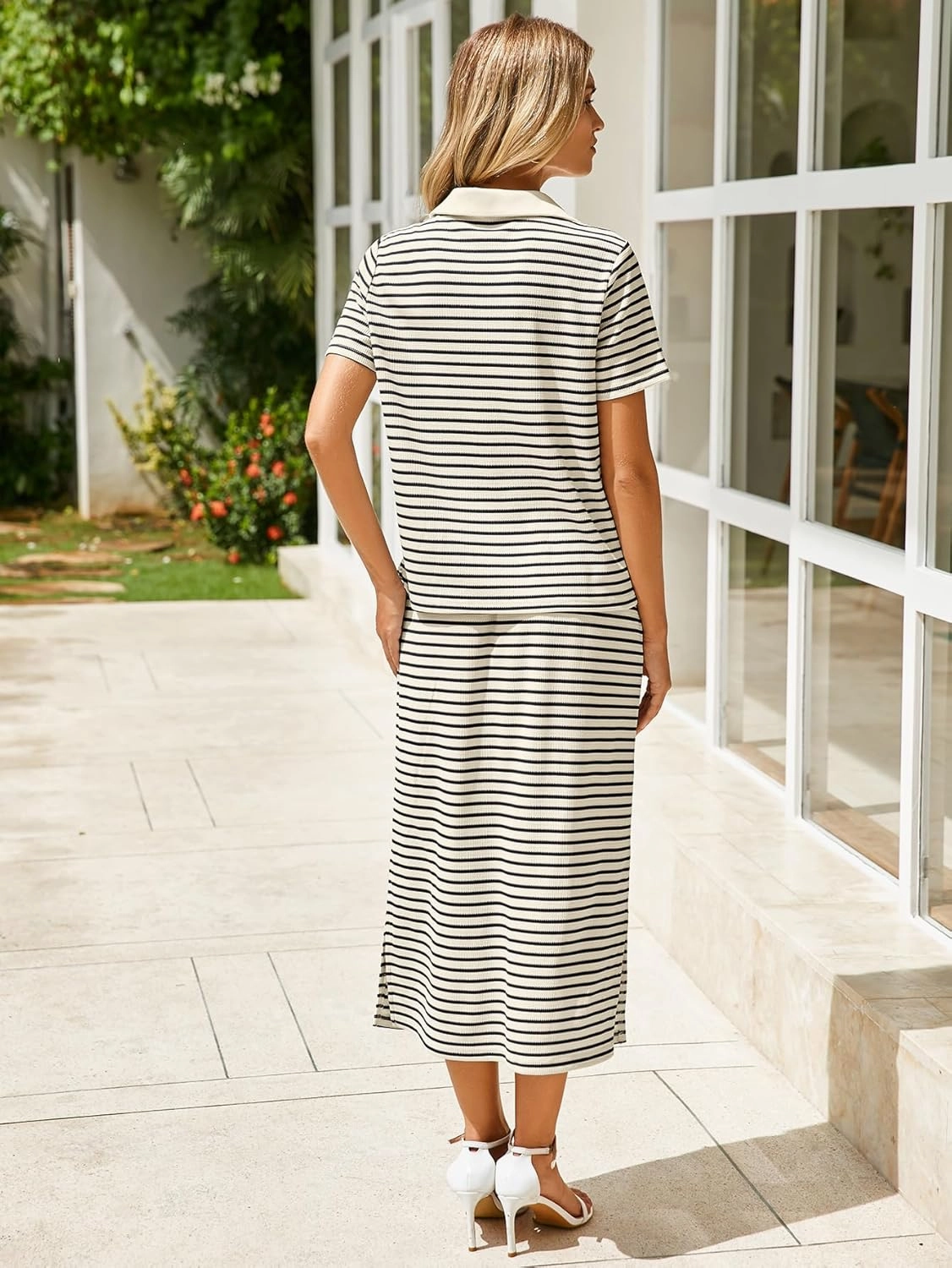 Glamaker Womens 2025 Summer Skirt Sets 2 Piece Outfits Casual Knit Striped Short Sleeve Travel Sets Clothes