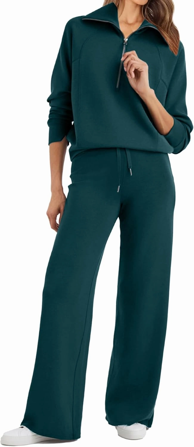 Glamaker Womens 2 Piece Outfits Sweatsuit Set Oversized Half Zip Sweatshirt Wide Leg Sweatpants Lounge Set Tracksuit