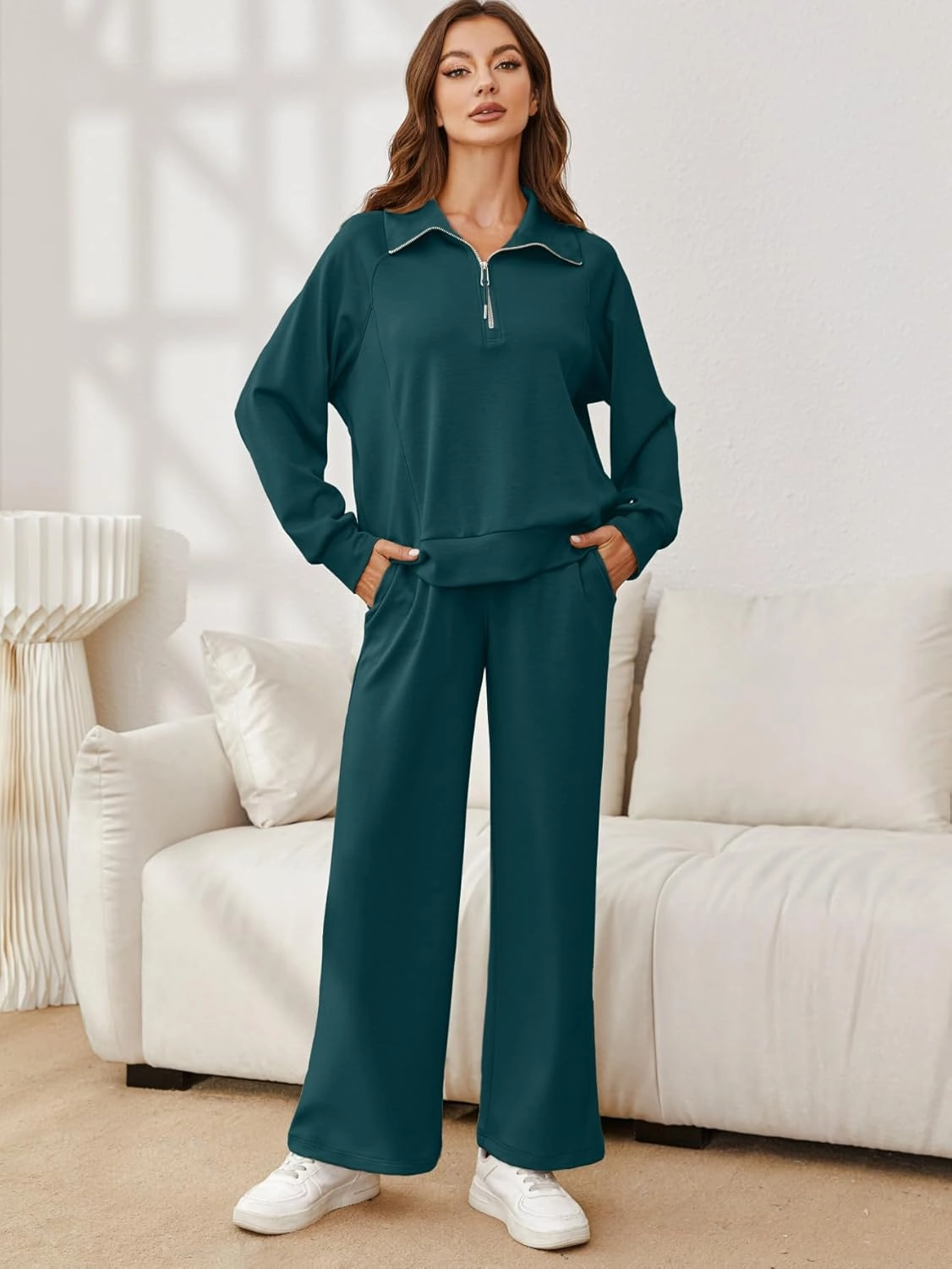Glamaker Womens 2 Piece Outfits Sweatsuit Set Oversized Half Zip Sweatshirt Wide Leg Sweatpants Lounge Set Tracksuit