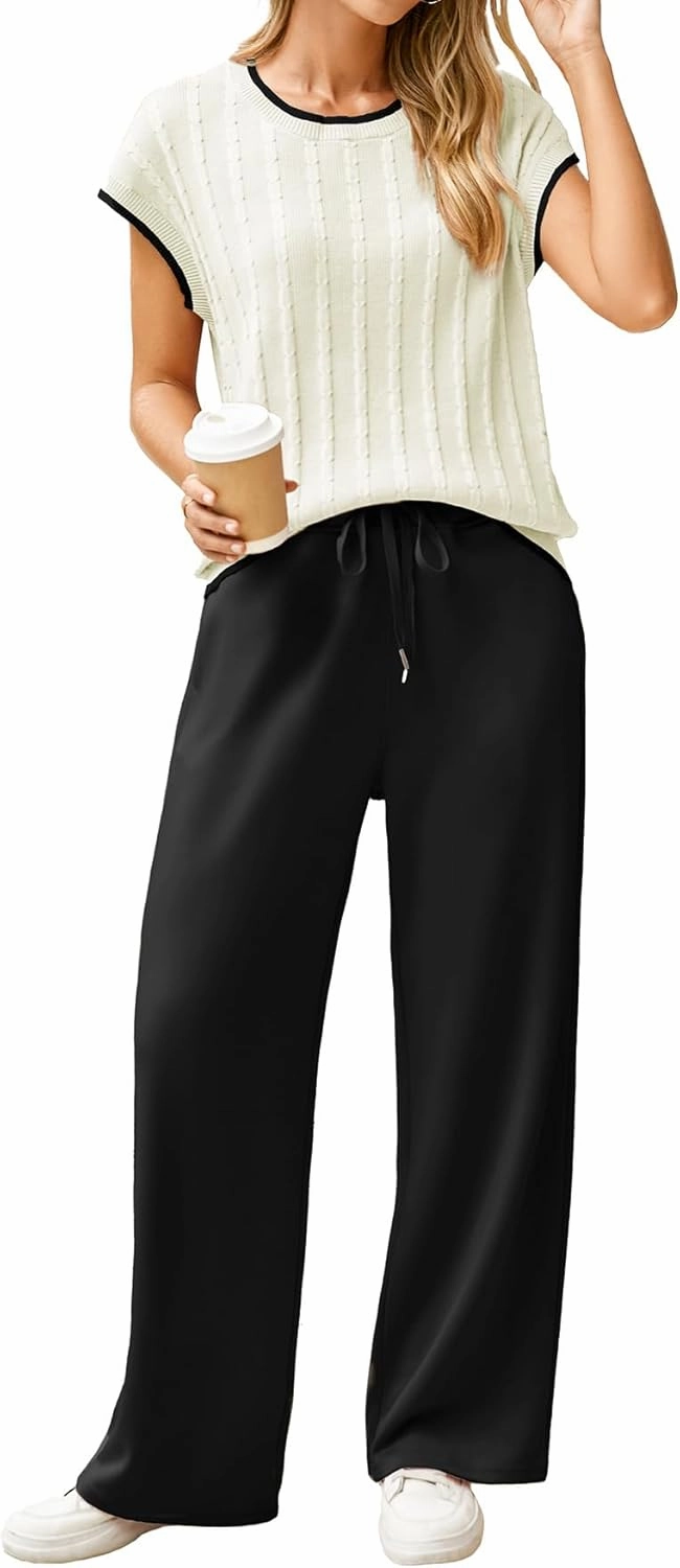 Glamaker Womens Lounge Two Piece Outfits Summer Knit Casual Travel Crew Neck Sets Cap Sleeve Tops & Wide Pants 2025 Trendy