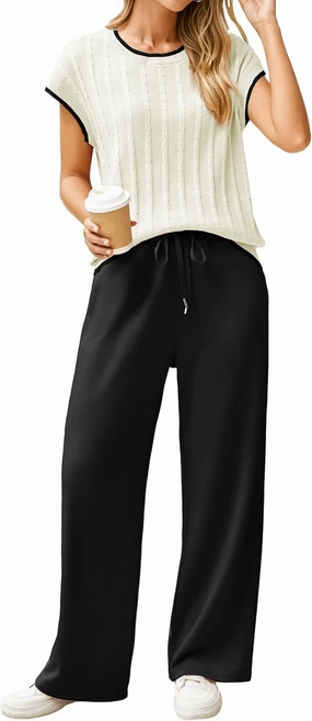 Glamaker Womens Lounge Two Piece Outfits Summer Knit Casual Travel Crew Neck Sets Cap Sleeve Tops & Wide Pants 2025 Trendy