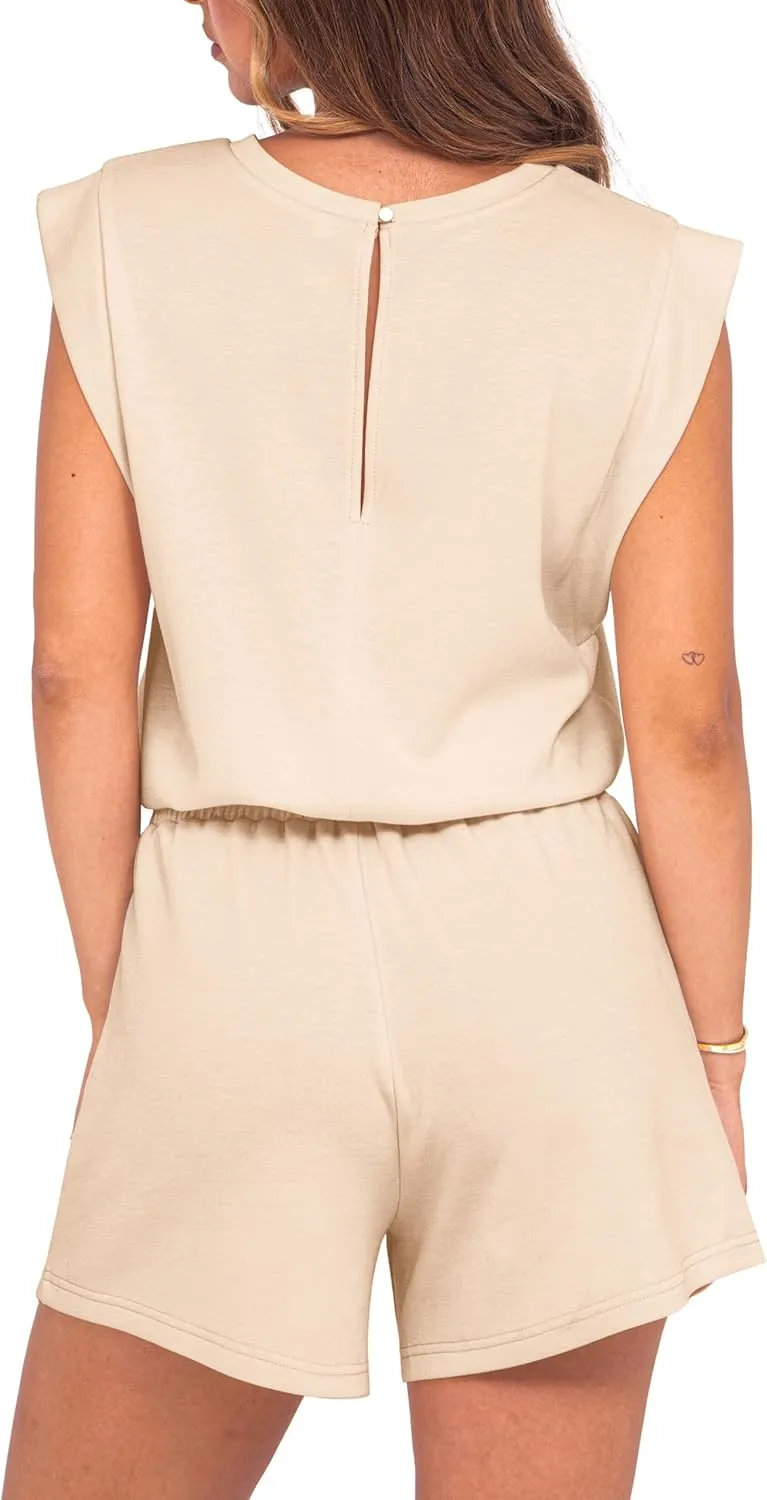 GRECERELLE Rompers For Women 2025 Summer Cap Sleeve Adjustable Drawstring Waistband Cozy Lounge Short Jumpsuit With Pocket