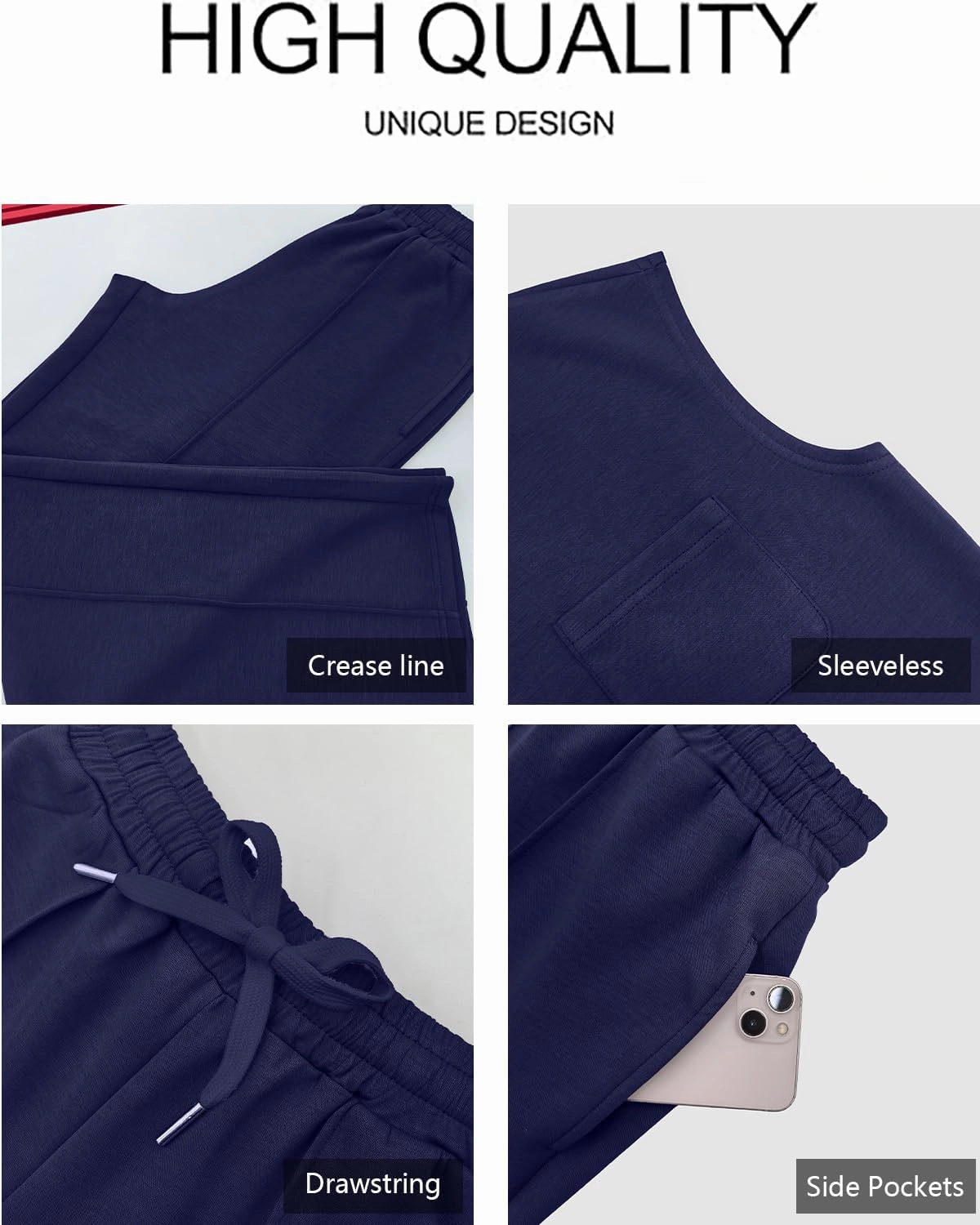 GRECERELLE 2 Piece Sets For Women Summer 2025 Outfits Lounge Sets Sleeveless Sweatsuits Wide Leg Tracksuits With Pockets