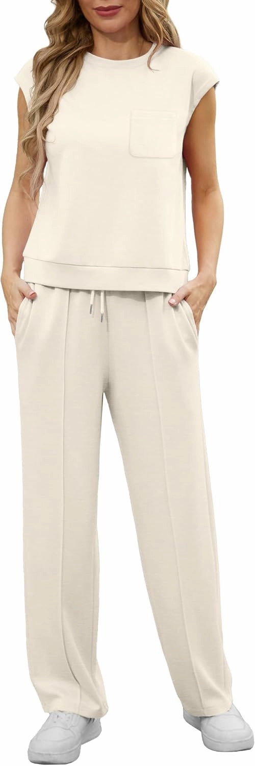 GRECERELLE 2 Piece Sets For Women Summer 2025 Outfits Lounge Sets Sleeveless Sweatsuits Wide Leg Tracksuits With Pockets