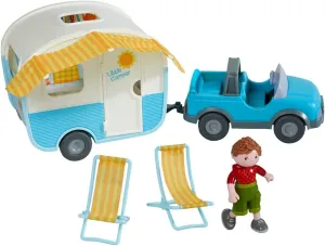 HABA Little Friends Vacation Camper Play Set with All Terrain Push & Go Vehicle, 2 Lawn Chairs and 4" Bendy Boy Doll Figure