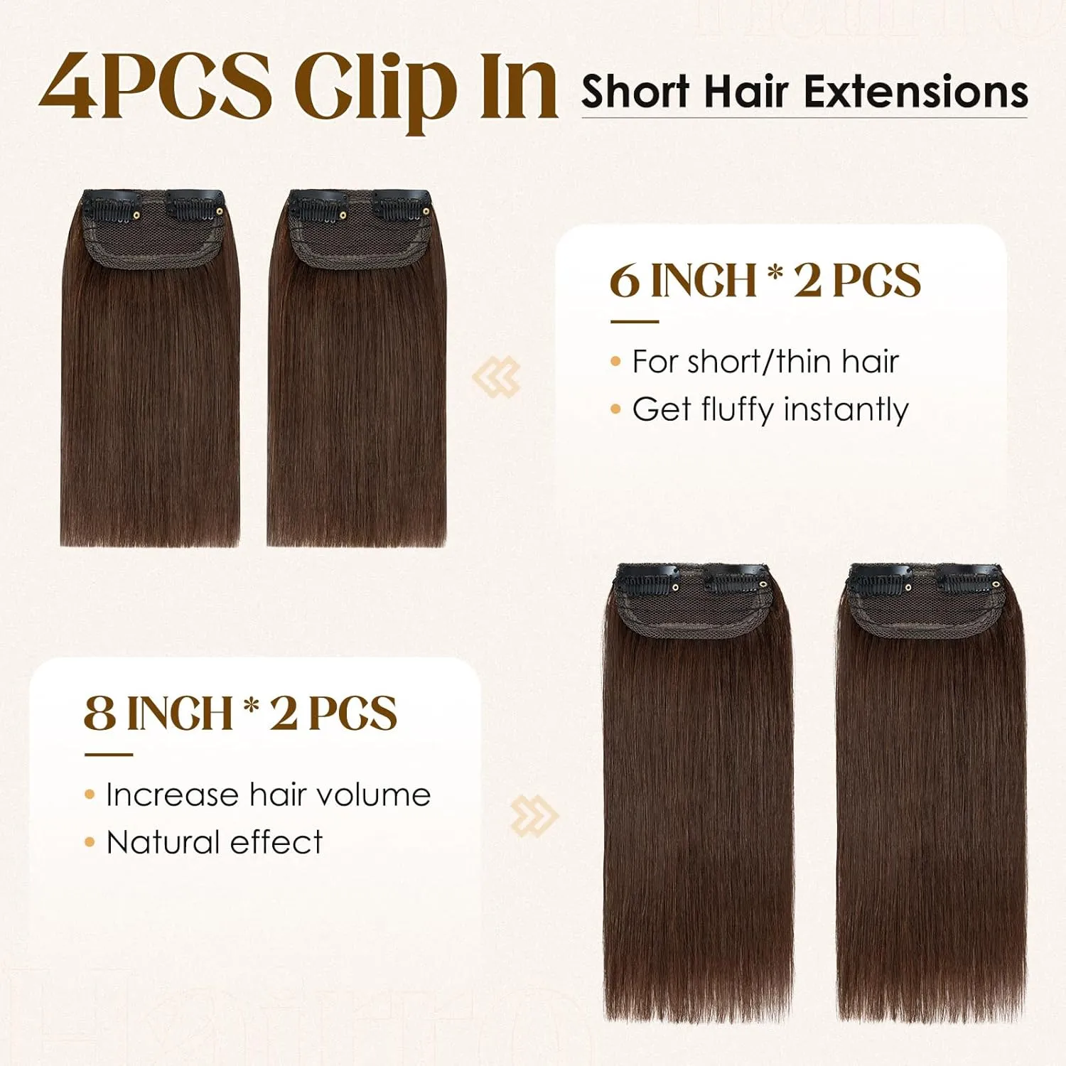 Hairro 4PCS Clip In Short Hair Extensions Remy Human Hair Mini Clip On Hairpiece Invisible Hairpin Hair Pieces For Women With Thinning Hair #04 Medium Brown