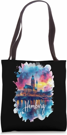 Hamburg Waterfront Skyline Watercolor Souvenir Tote Bag