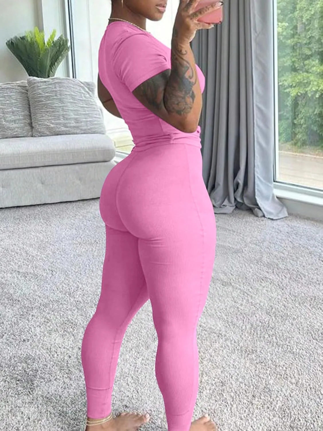 HBQ Women Two Piece Outfits Workout Sets Ribbed Casual Jogging Suits Short Sleeve Tracksuits