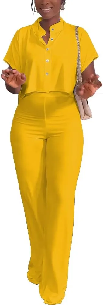 HBQ Women's Summer 2 Piece Outfits Casual Tracksuit Short Sleeve Button Down Crop Top Wide Leg Long Pant Lounge Sets