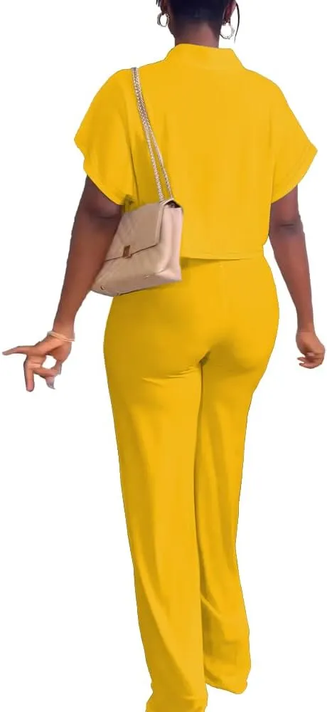 HBQ Women's Summer 2 Piece Outfits Casual Tracksuit Short Sleeve Button Down Crop Top Wide Leg Long Pant Lounge Sets