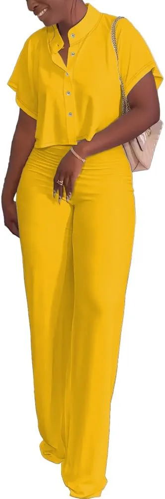 HBQ Women's Summer 2 Piece Outfits Casual Tracksuit Short Sleeve Button Down Crop Top Wide Leg Long Pant Lounge Sets