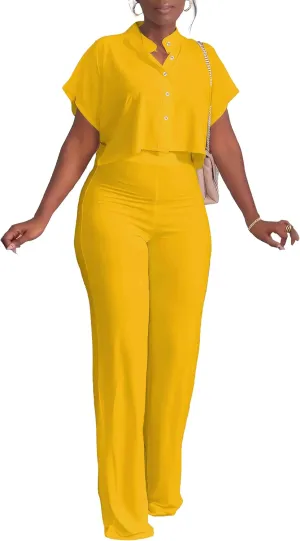 HBQ Women's Summer 2 Piece Outfits Casual Tracksuit Short Sleeve Button Down Crop Top Wide Leg Long Pant Lounge Sets