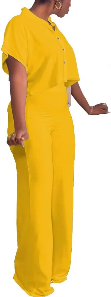 HBQ Women's Summer 2 Piece Outfits Casual Tracksuit Short Sleeve Button Down Crop Top Wide Leg Long Pant Lounge Sets