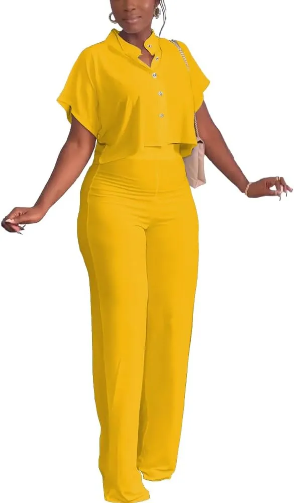 HBQ Women's Summer 2 Piece Outfits Casual Tracksuit Short Sleeve Button Down Crop Top Wide Leg Long Pant Lounge Sets