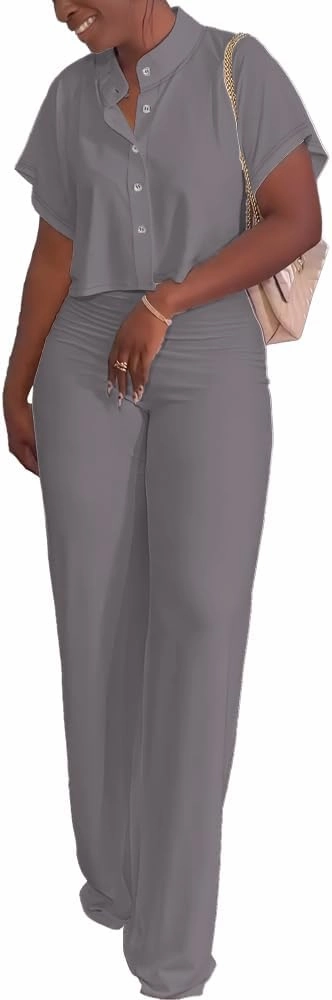 HBQ Women's Summer 2 Piece Outfits Casual Tracksuit Short Sleeve Button Down Crop Top Wide Leg Long Pant Lounge Sets