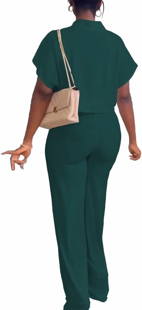 HBQ Women's Summer 2 Piece Outfits Casual Tracksuit Short Sleeve Button Down Crop Top Wide Leg Long Pant Lounge Sets