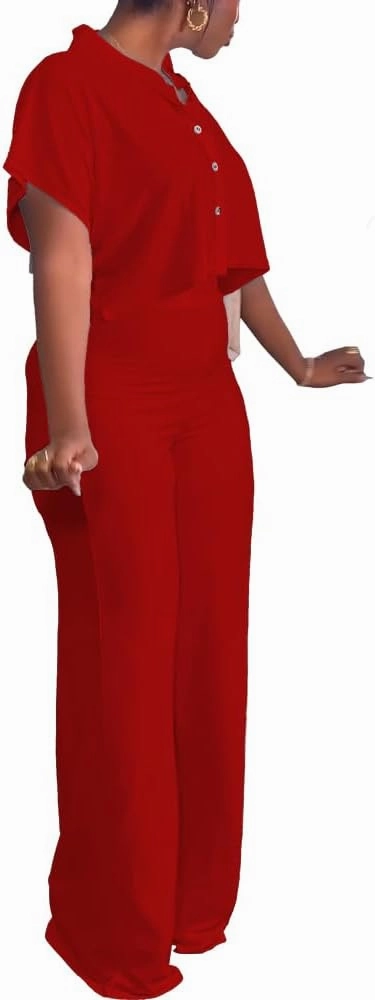 HBQ Women's Summer 2 Piece Outfits Casual Tracksuit Short Sleeve Button Down Crop Top Wide Leg Long Pant Lounge Sets